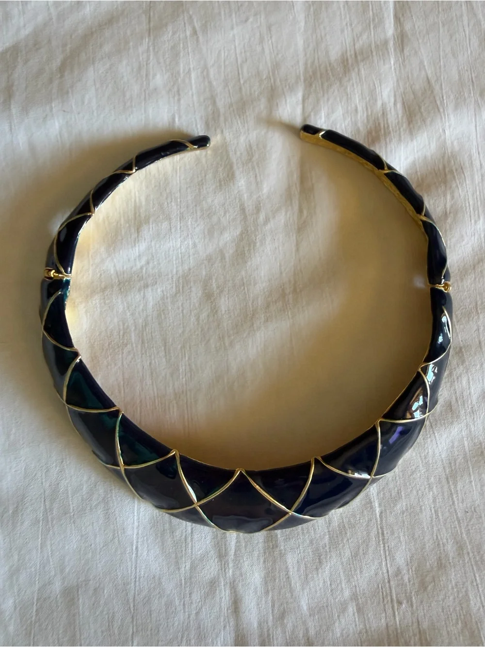 vintage dark navy blue and gold-tone geometric enamel statement choker necklace